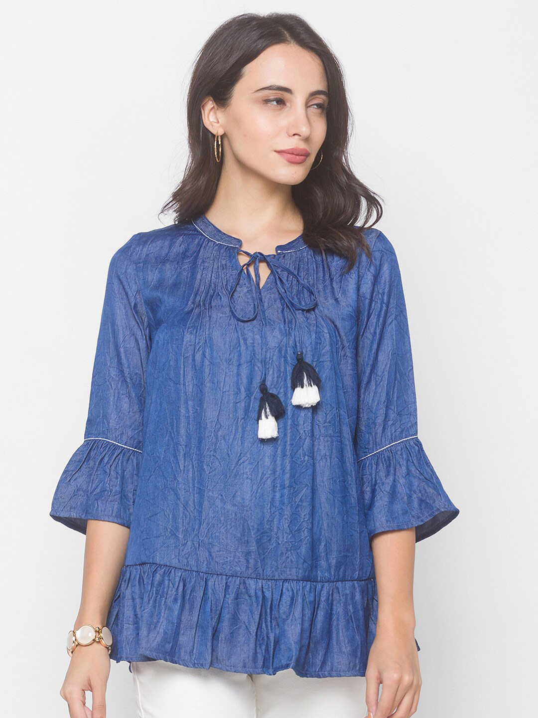 Globus Blue Tie-Up Neck A-Line Top