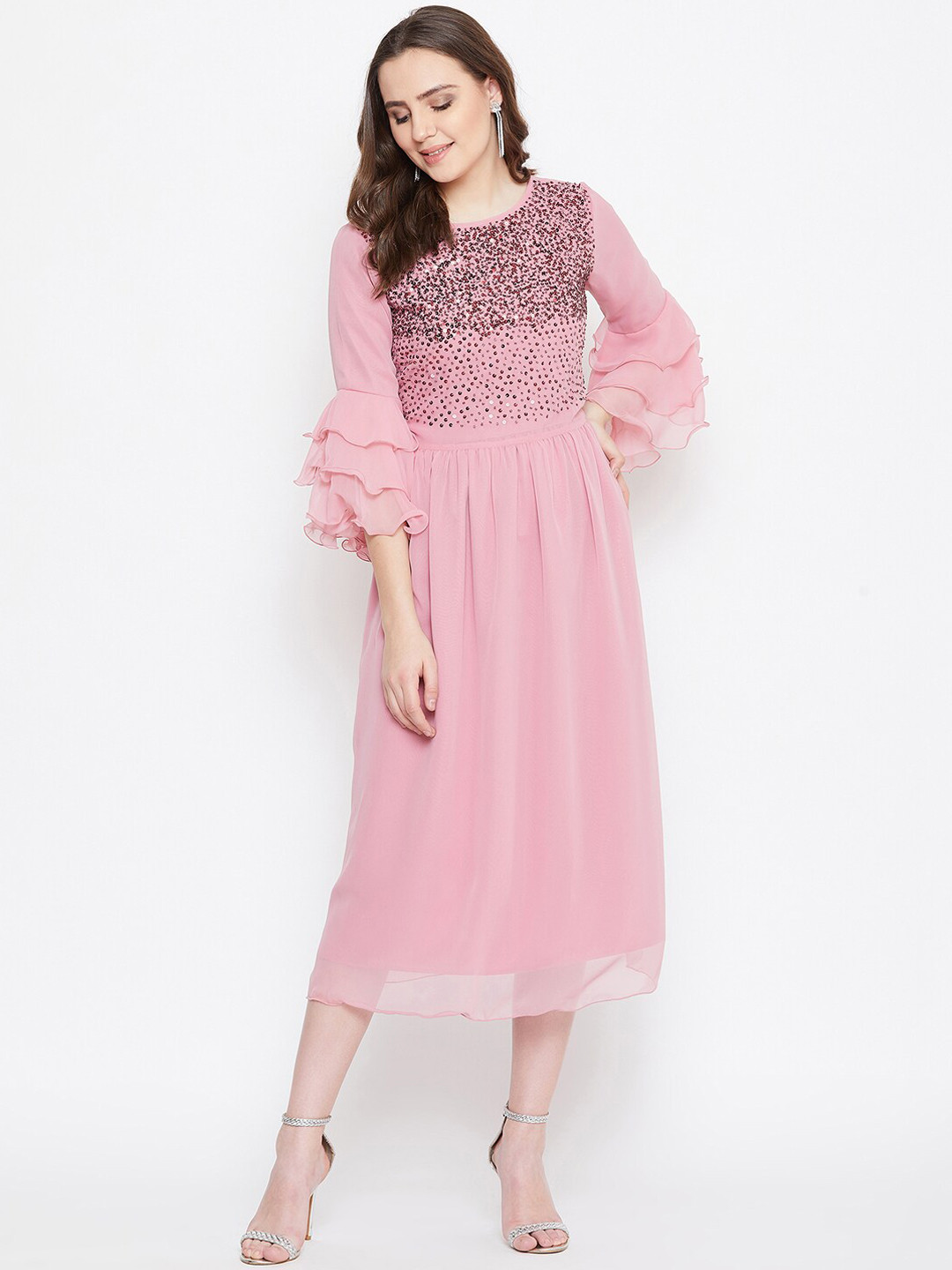 Bitterlime Women Peach-Coloured Embellished Hand Sequined Georgette A-Line Midi Dress