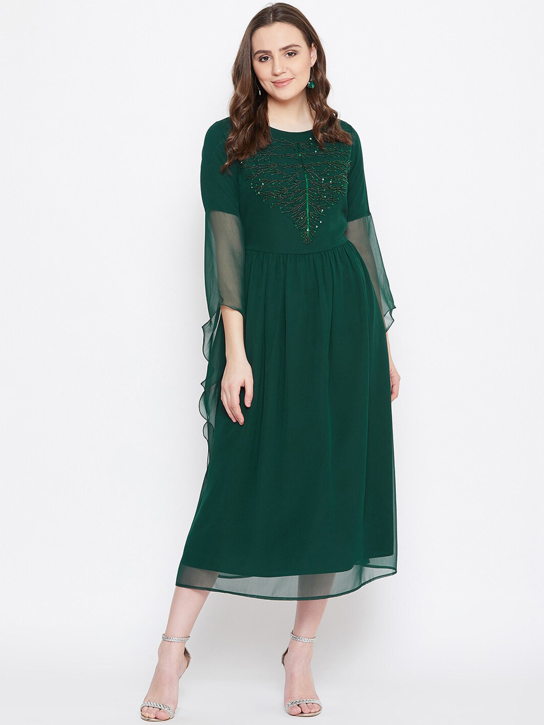 Bitterlime Women Green Embellished Hand Sequined A-Line Midi Dress