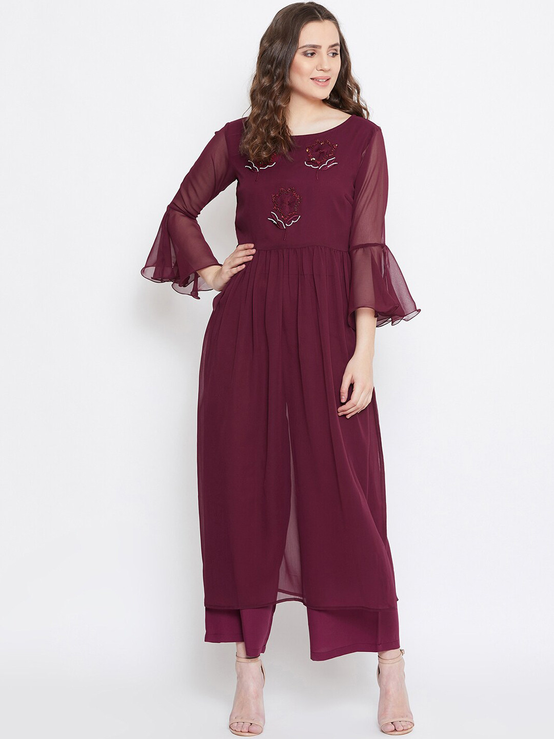 Bitterlime Women Burgundy Floral Embroidered Pleated Sequinned Kurta with Palazzos
