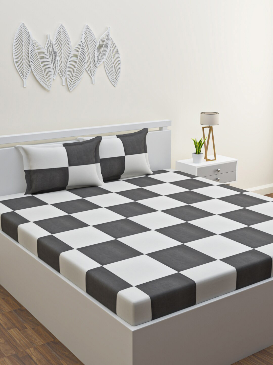 HAPPY HUES Santorini Collection Grey Checked Polycotton 120 TC Queen Bedsheet with 2 Pillow Covers-229 x 254 cm