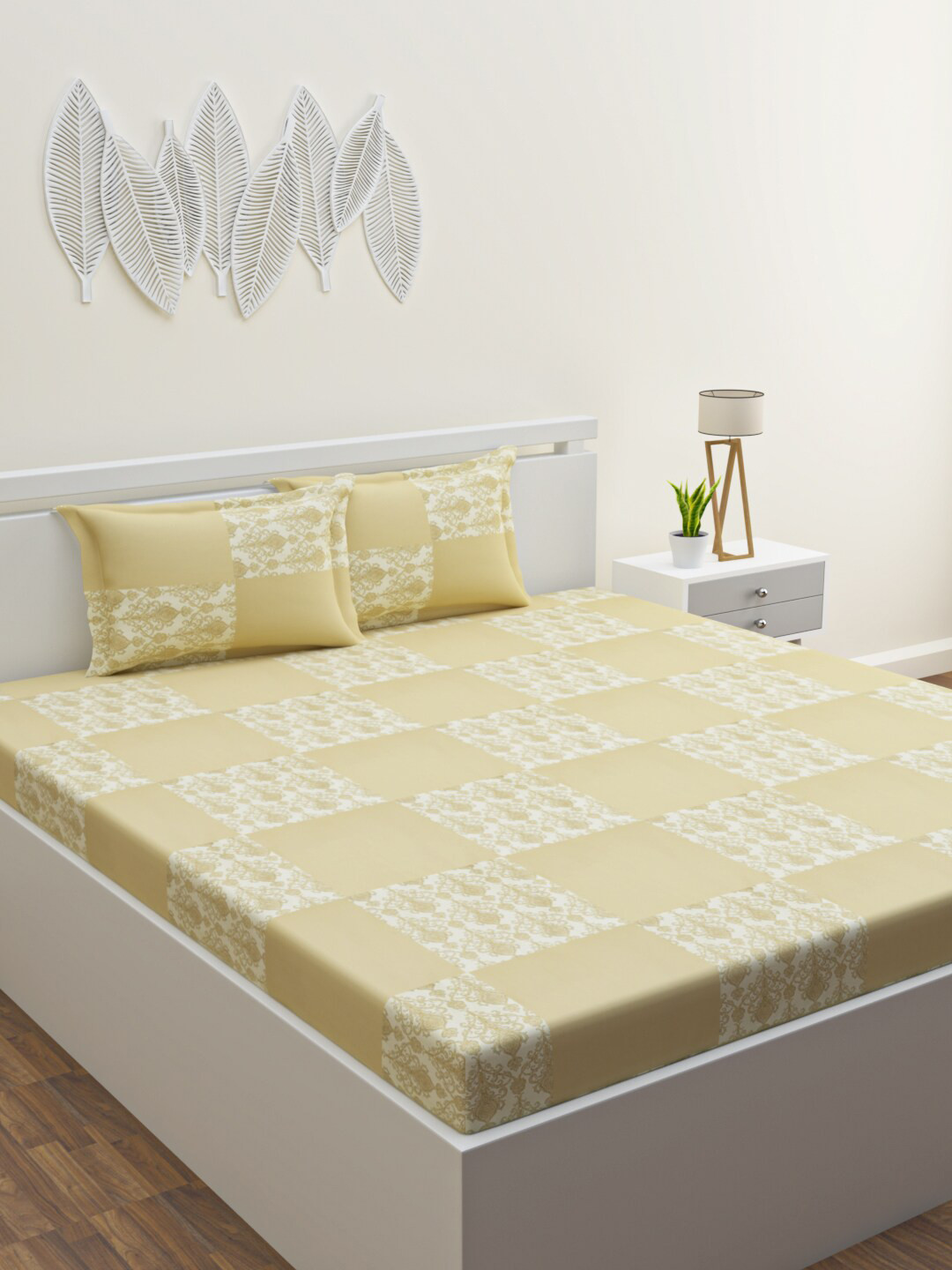 HAPPY HUES Santorini Collection Beige Geometric Polycotton 120 TC Queen Bedsheet with 2 Pillow Covers-90 x 100 inches