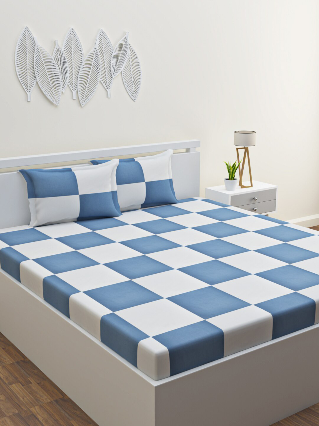 HAPPY HUES Blue & White Geometric 120 TC Queen Bedsheet with 2 Pillow Covers