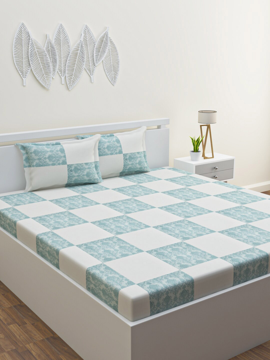 HAPPY HUES Blue & White Geometric 120 TC Queen Bedsheet with 2 Pillow Covers