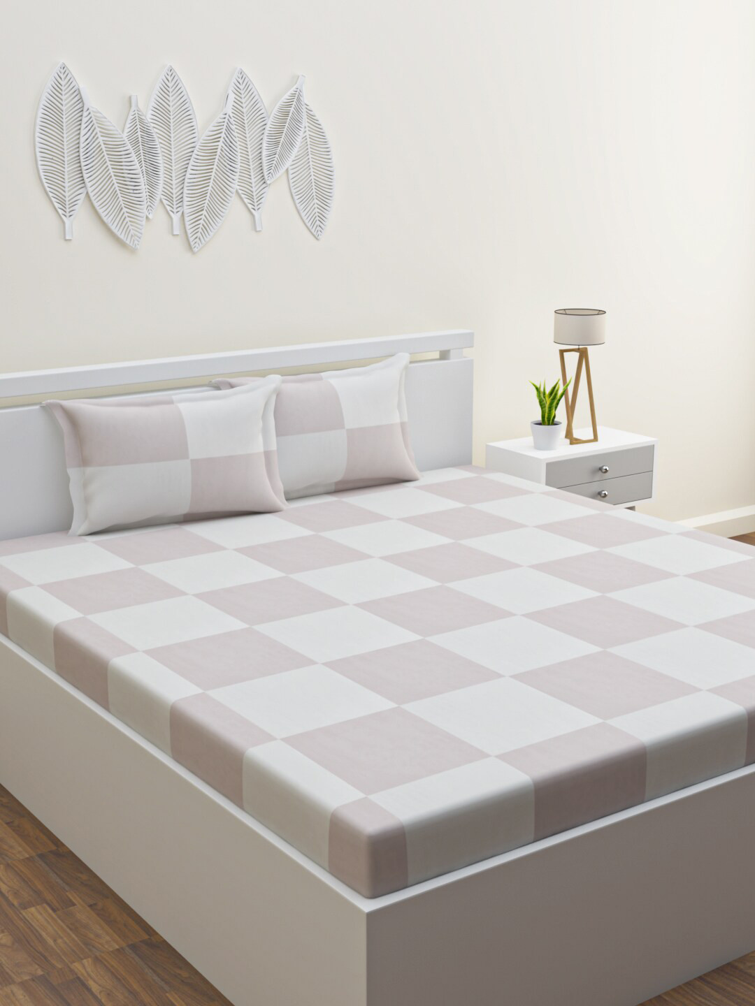 HAPPY HUES Pink & White Geometric 120 TC Queen Bedsheet with 2 Pillow Covers