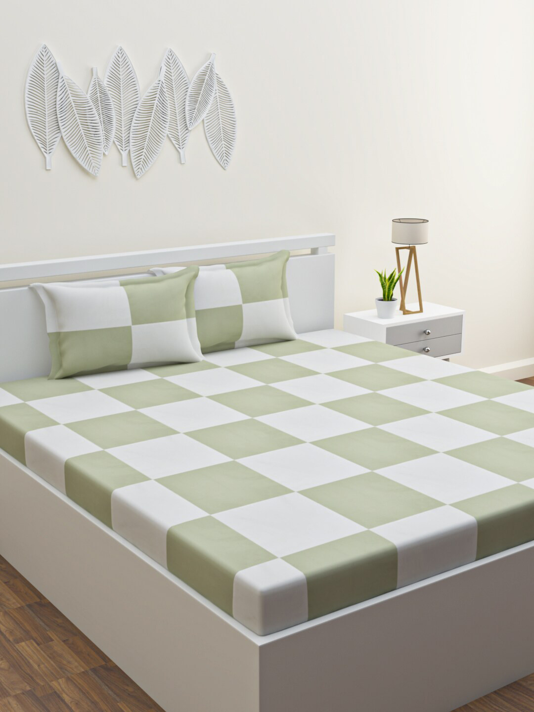 HAPPY HUES Santorini Collection Green Geometric Polycotton 120 TC Fitted Queen Bedsheet with 2 Pillow Covers-90 x 100 inches