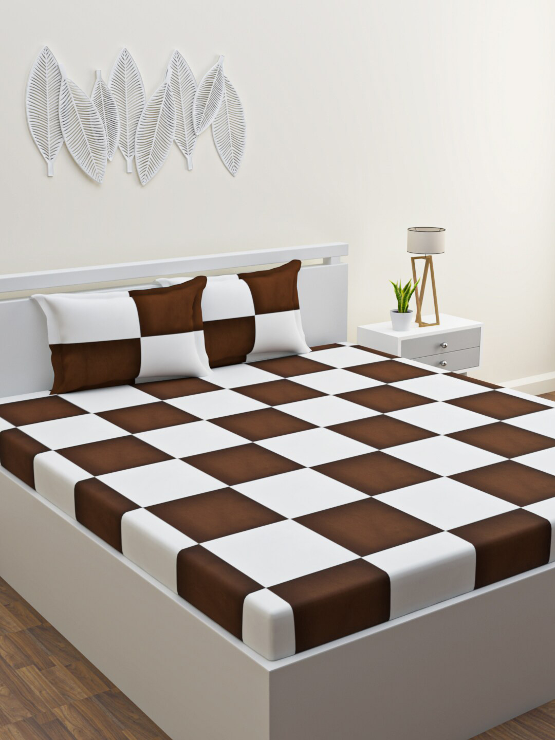 HAPPY HUES Santorini Collection Brown Checked Polycotton 120 TC Queen Bedsheet with 2 Pillow Covers-229 x 254 cm
