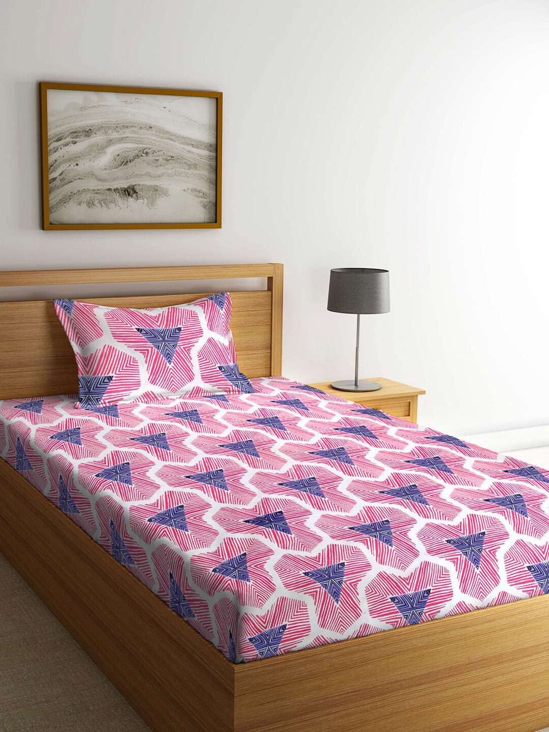 Arrabi Ananda Pink Geometric Polycotton Skin-Friendly 300 TC Single Fine Bedsheet with a Pillow Cover-59 x 91 inches