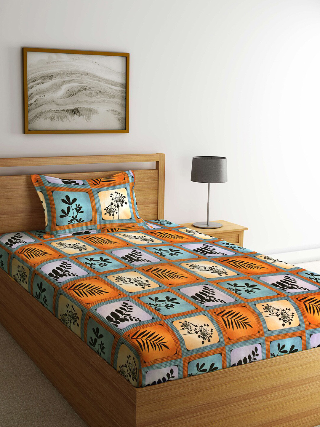 Arrabi Multicoloured Floral 300 TC Polycotton 1 Single Bedsheet with 1 Pillow Covers