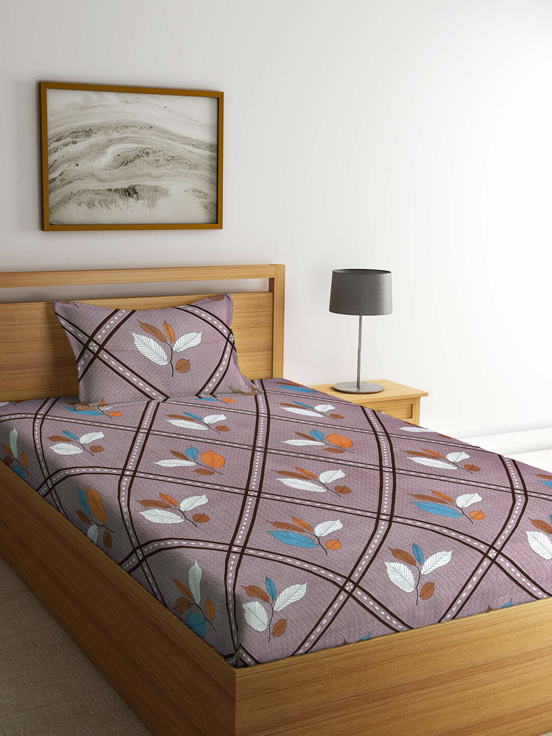 Arrabi Brown Leaf Cotton Skin-Friendly 300 TC Single Fine Bedsheet with a Pillow Cover-85 x 59 inches