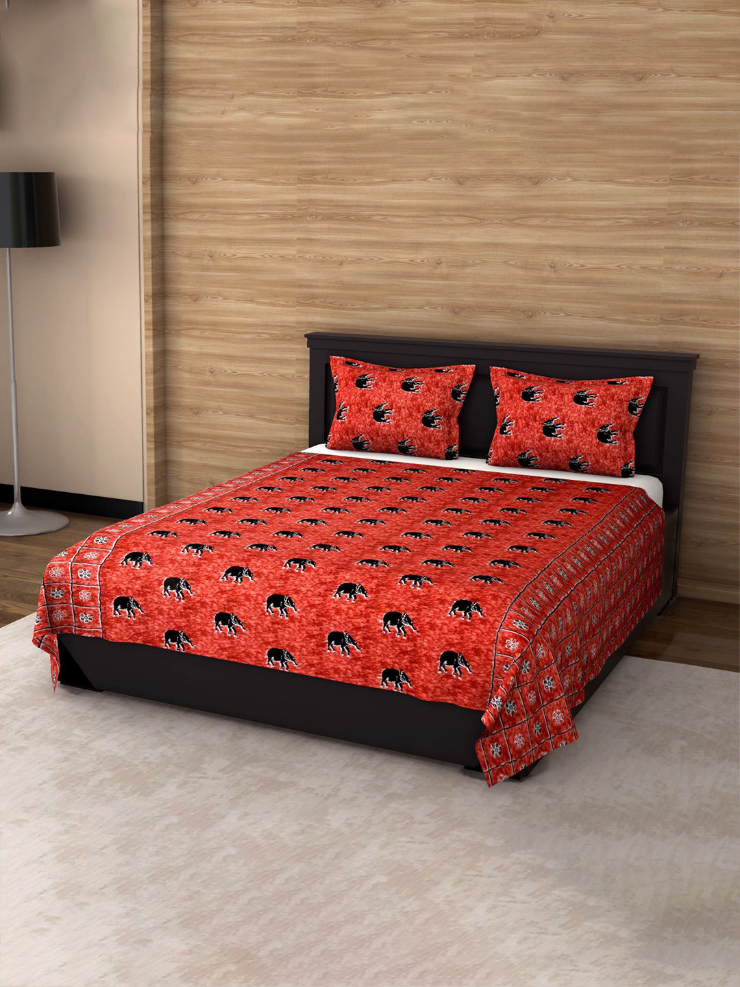 Varde Urban Red Ethnic Motifs Cotton 120 TC King Bedsheet with 2 Pillow Covers-89 x 100 inches