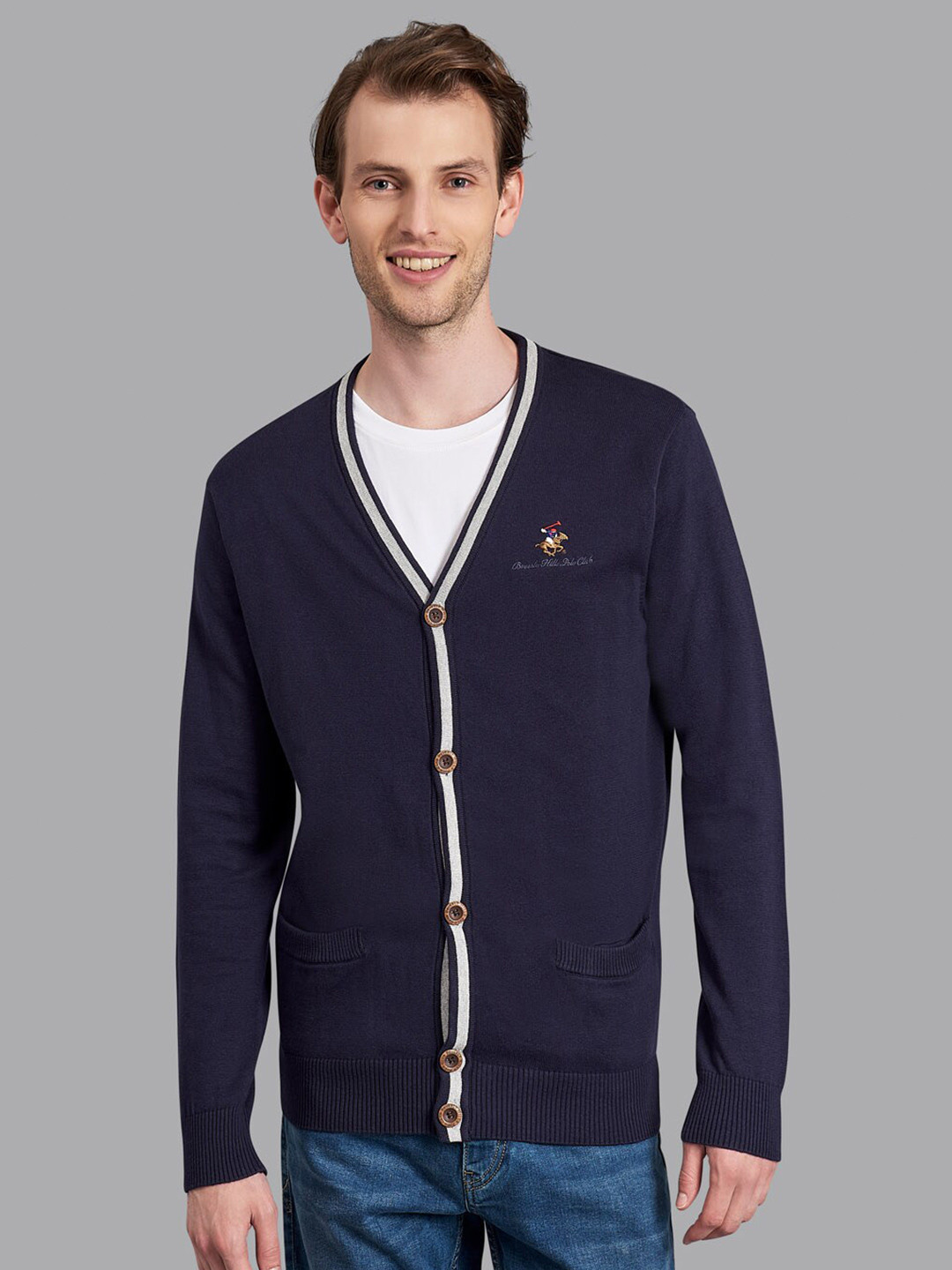 Beverly Hills Polo Club Women Navy Blue & White Front-Open Sweater