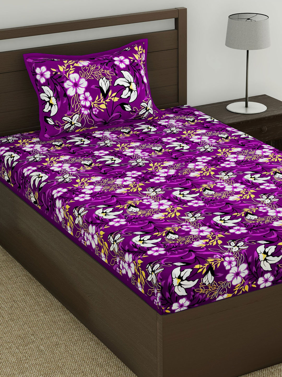 Varde Purple Floral Cotton 104 TC Single Coarse Bedsheet with a Pillow Cover-59 x 86 inches