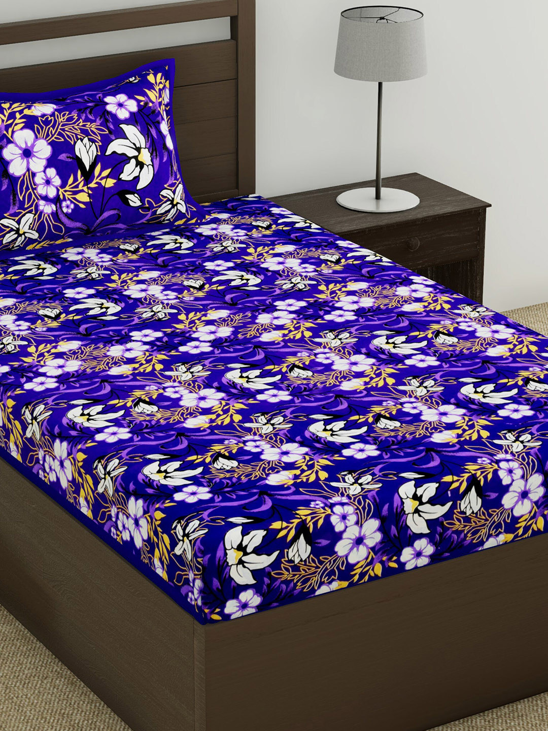 Varde Blue Floral Cotton 104 TC Single Coarse Bedsheet with a Pillow Cover-59 x 86 inches