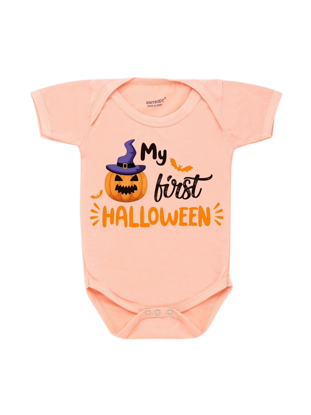 KNITROOT Infants Peach & Black First Halloween Printed Pure Cotton Bodysuit