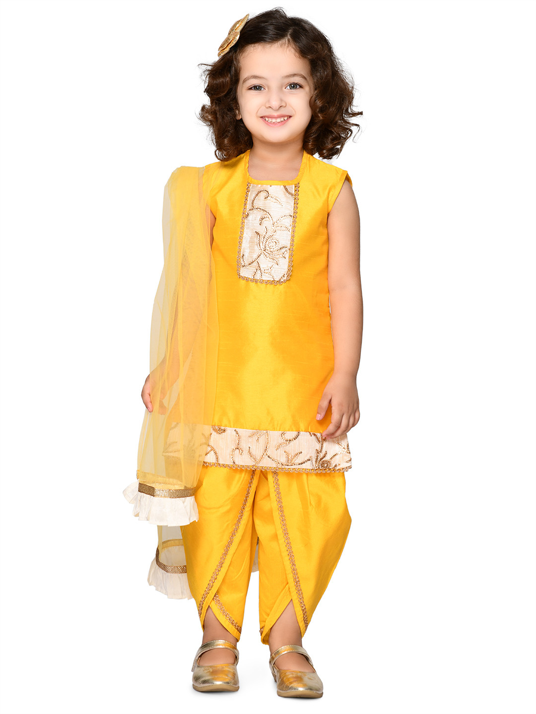 SAKA DESIGNS Girls Yellow Ethnic Motifs Regular Sequinned Kurta with Dhoti Pants & With Dupatta
