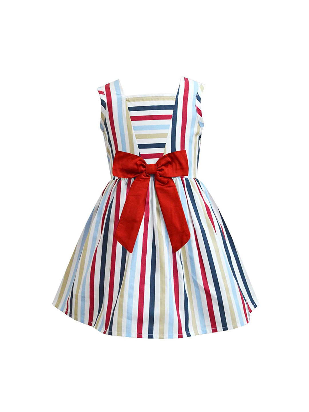 A T U N Multicoloured Striped Pure Cotton Bow Dress