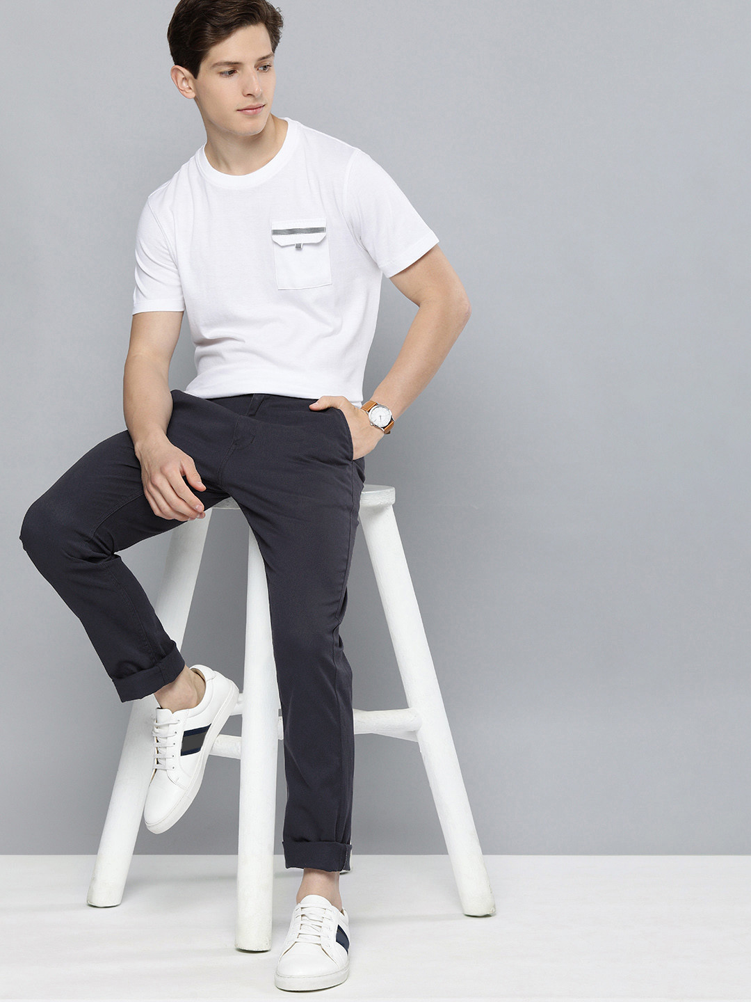 Mast & Harbour Men Navy Blue Slim Fit Mid Rise Chinos