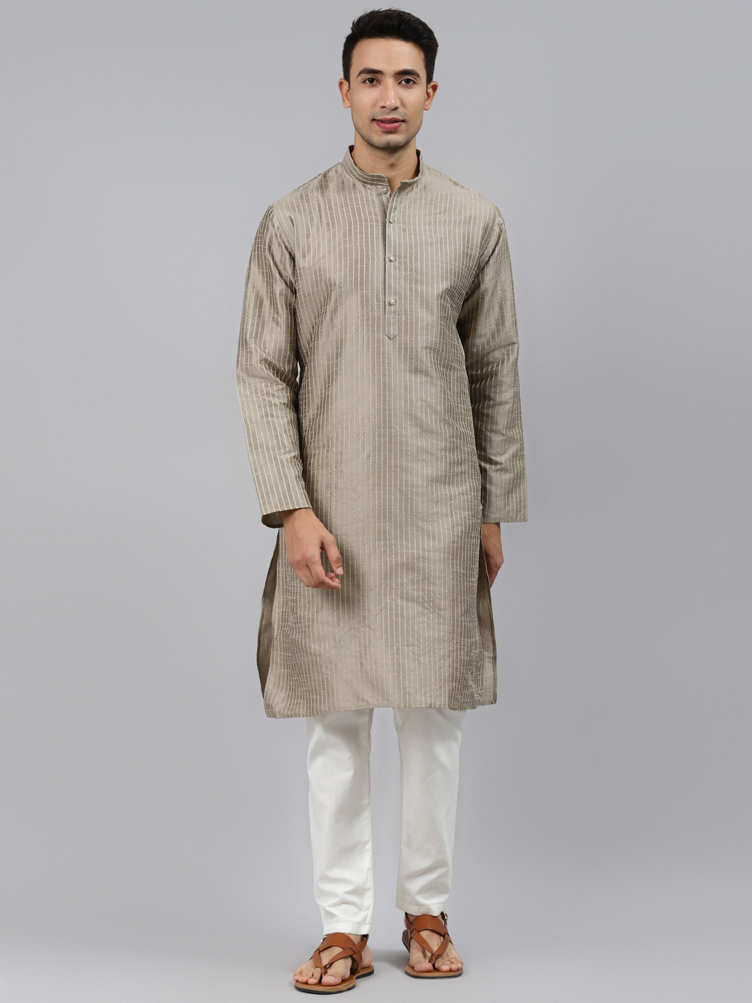 MANQ Men Grey Embroidered Regular Kurta with Pyjamas