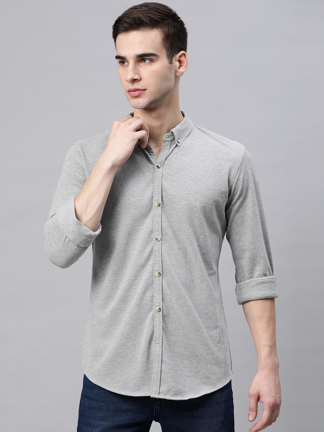 ManQ CASUAL Men Grey Solid Slim Fit Cotton Casual Shirt