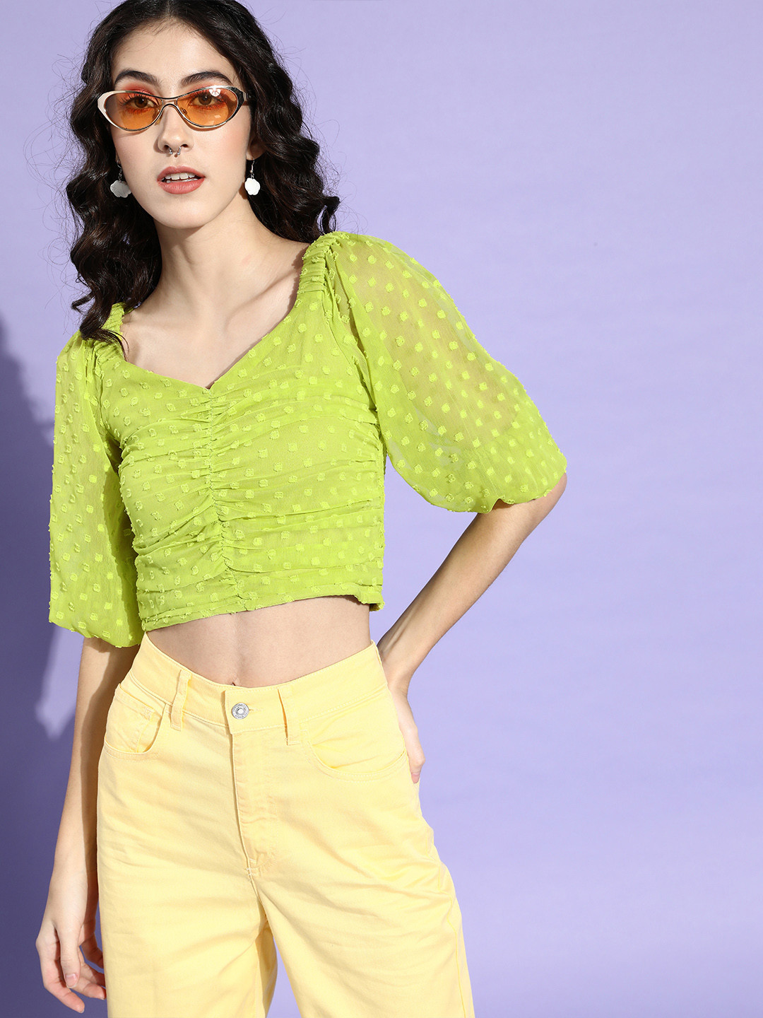 plusS Women Green Self-Design Regular Top