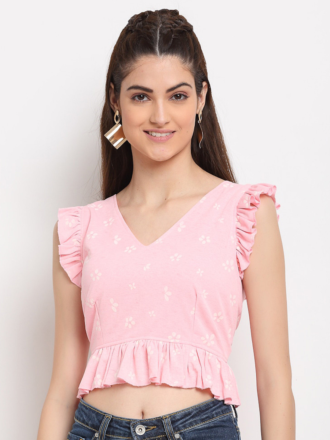 ELEVANTO Pink Floral Printed Regular Crop Top