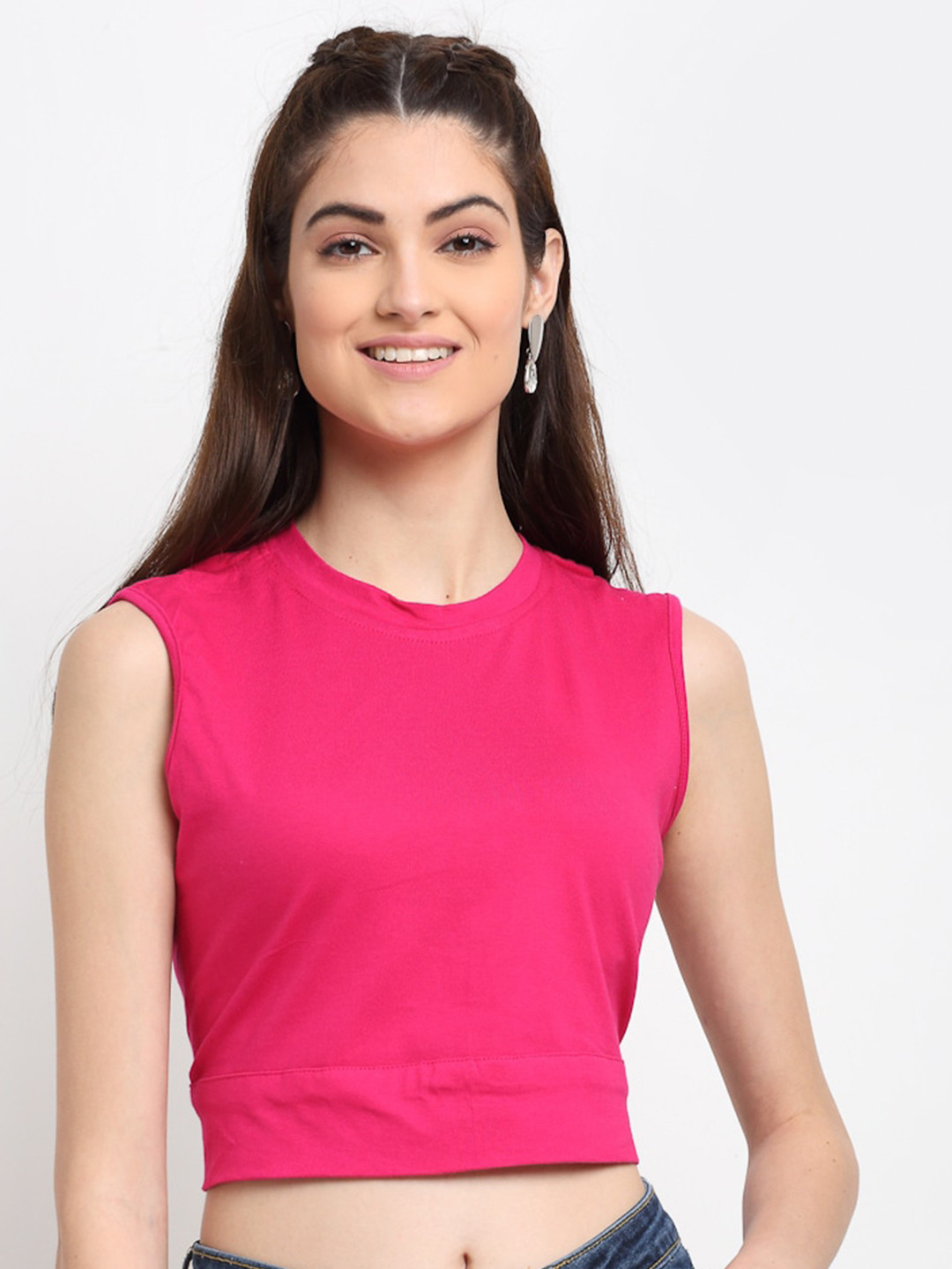 ELEVANTO Women Fuchsia Solid Round Neck Sleeveless Styled Back Pure Cotton Crop Top