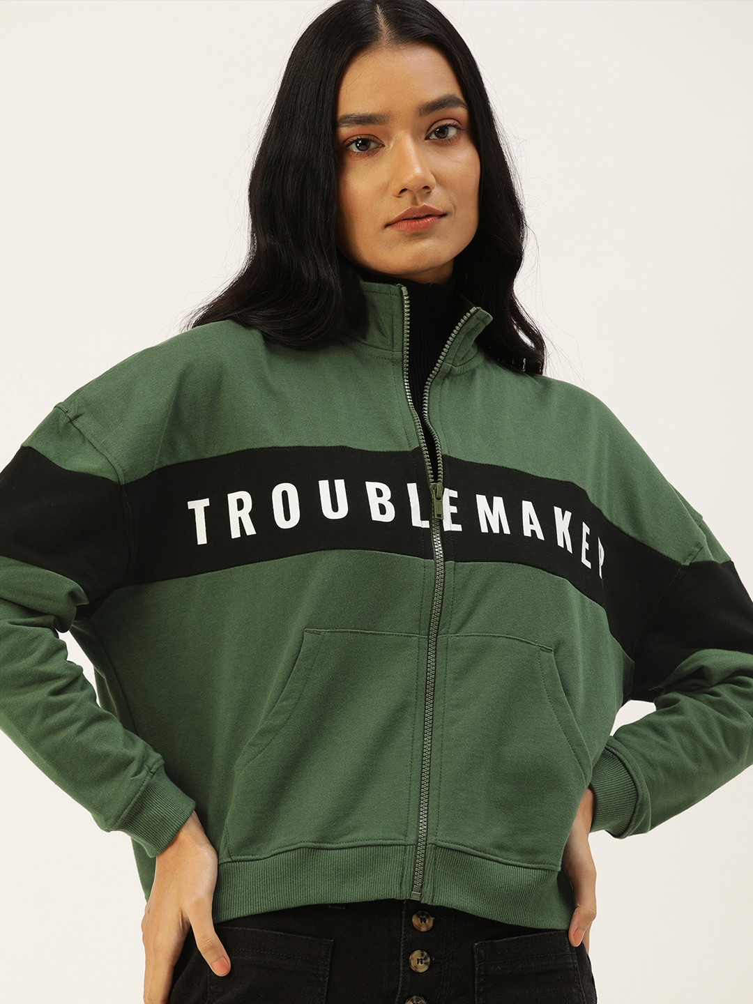 Flying Machine Women Dark Green Typography Printed Front-Open Sweatshirt