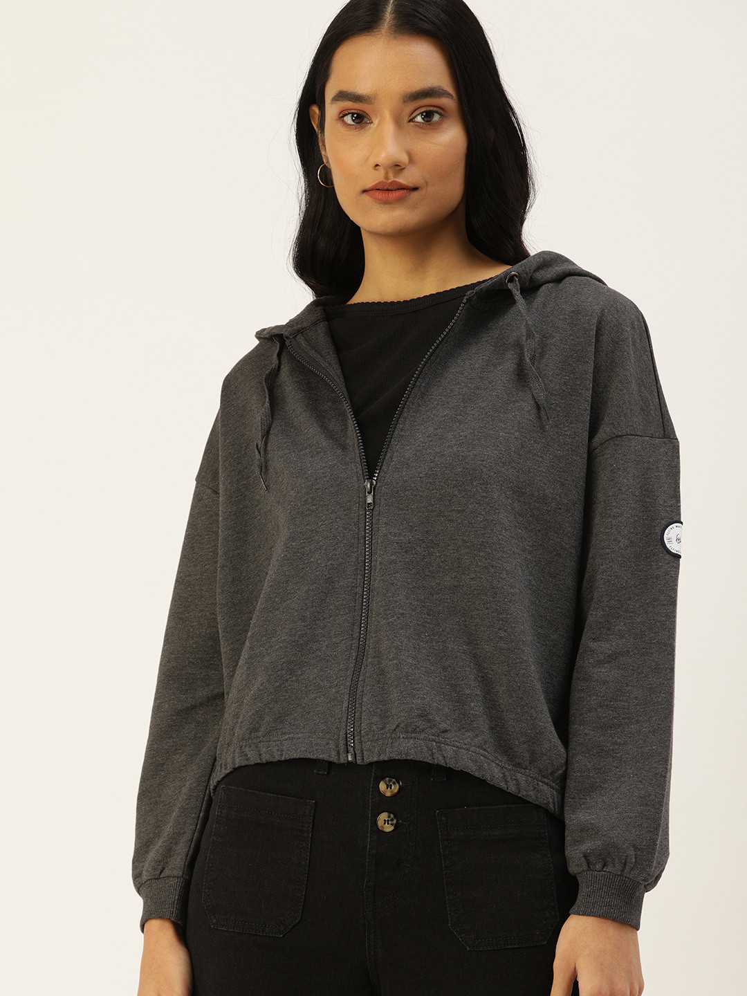 Flying Machine Women Charcoal Grey Solid Hooded Cropped Sweatshirt