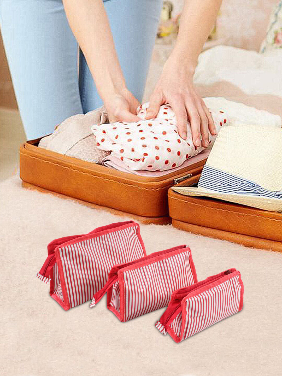 prettykrafts Set of 3 Red Travel Toiletry Kit