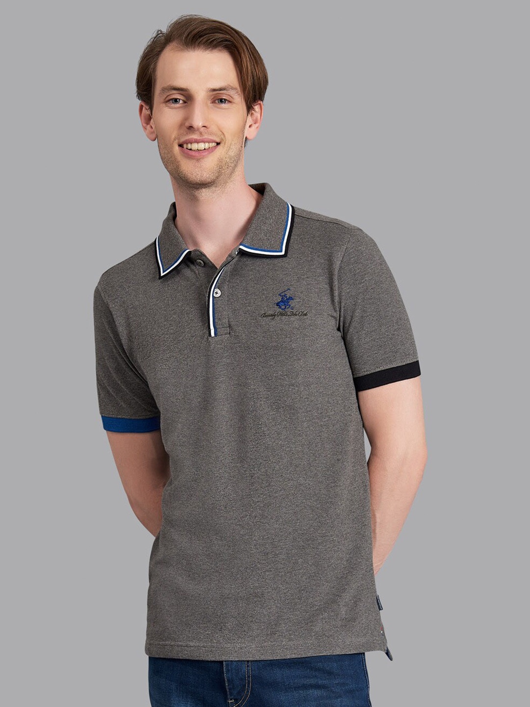 Beverly Hills Polo Club Men Grey & Blue Polo Collar T-shirt