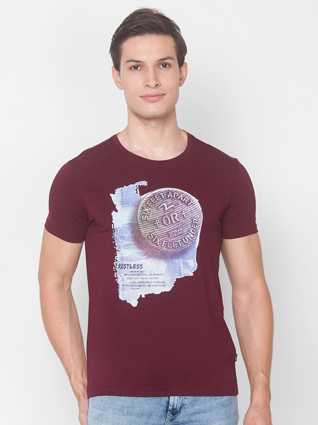 SPYKAR Men Red Pure Cotton Graphic Printed Slim Fit Pure Cotton T-shirt