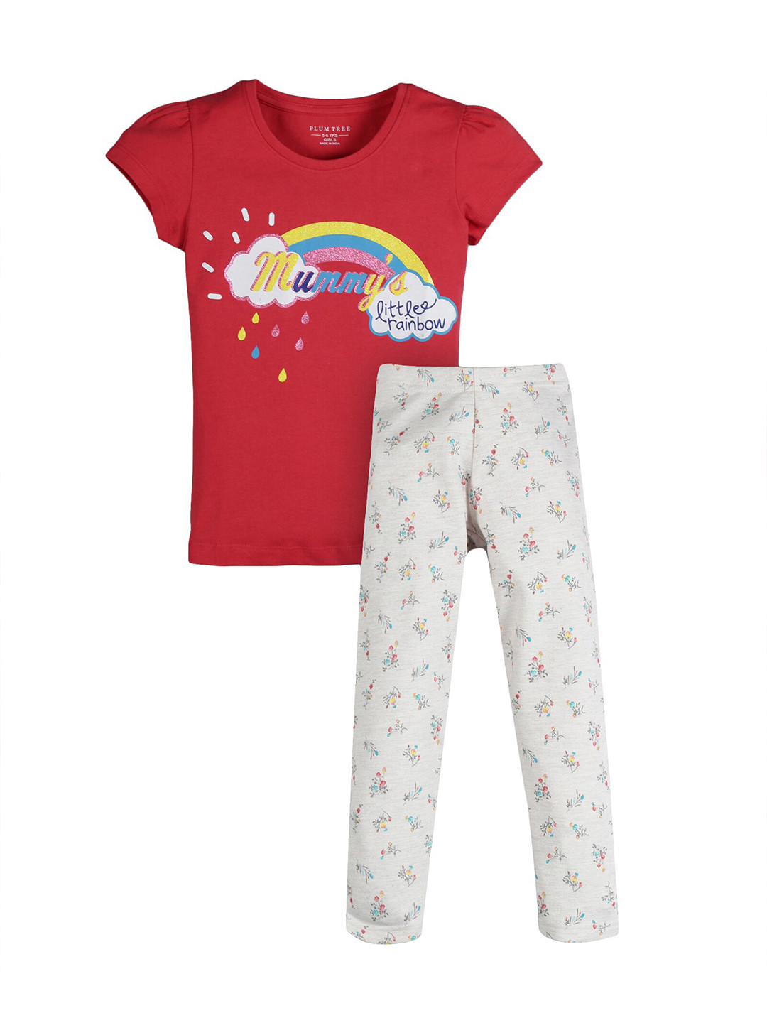 PLUM TREE Girls Red & Cream-Coloured Graphic Printed Cotton T-shirt with Pyjamas