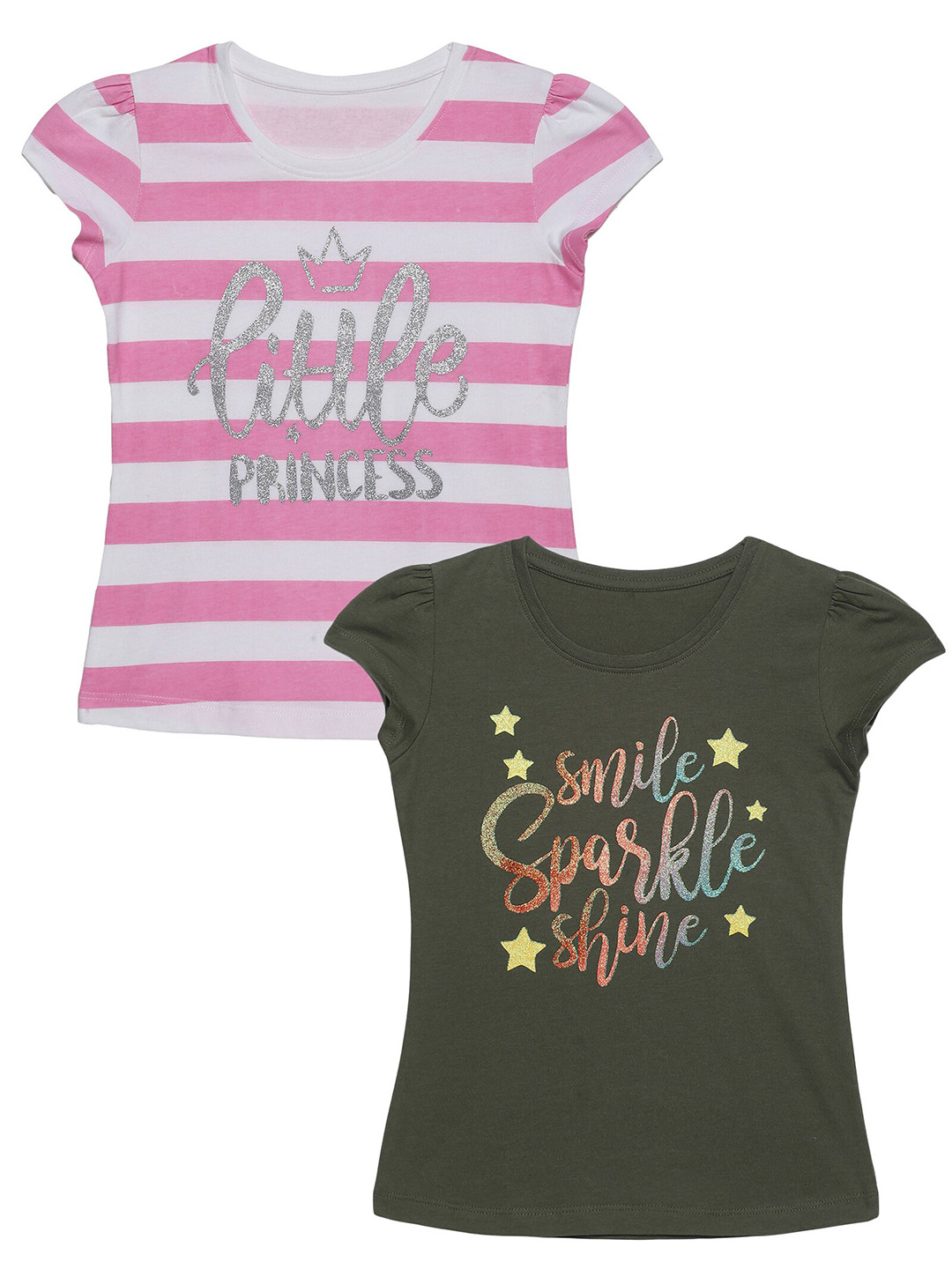 PLUM TREE Girls Pack of 2 Olive Green  Pink Typography Printed Cotton Pure Cotton T-shirt