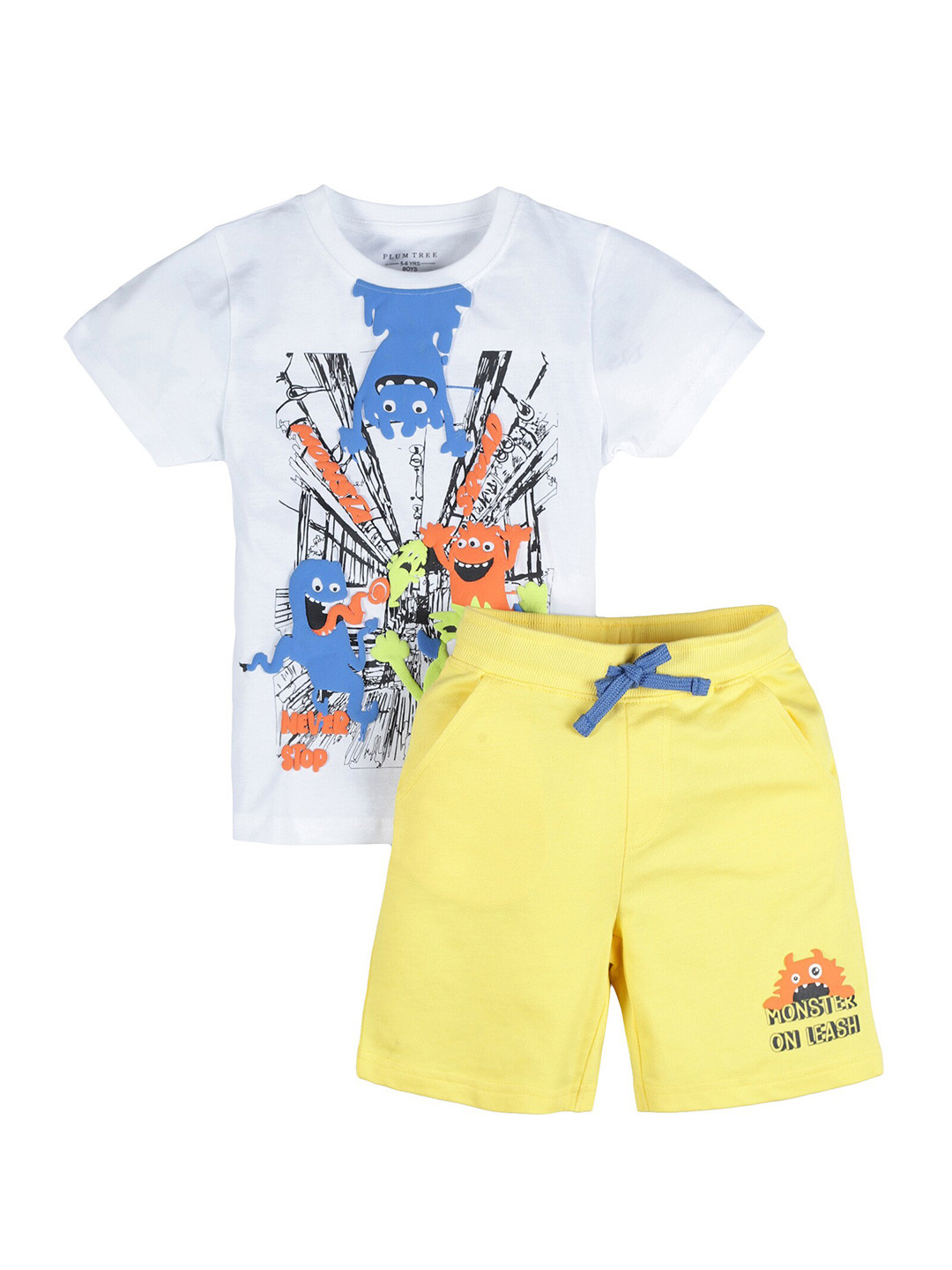 PLUM TREE Boys White & Yellow Printed T-shirt With Shorts