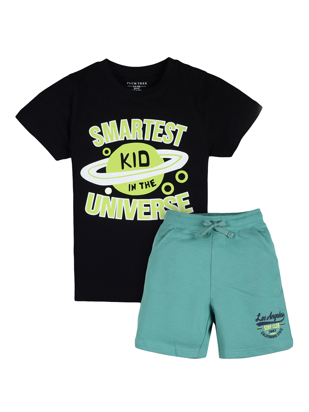 PLUM TREE Boys Green & Black Space Printed T-shirt with Shorts