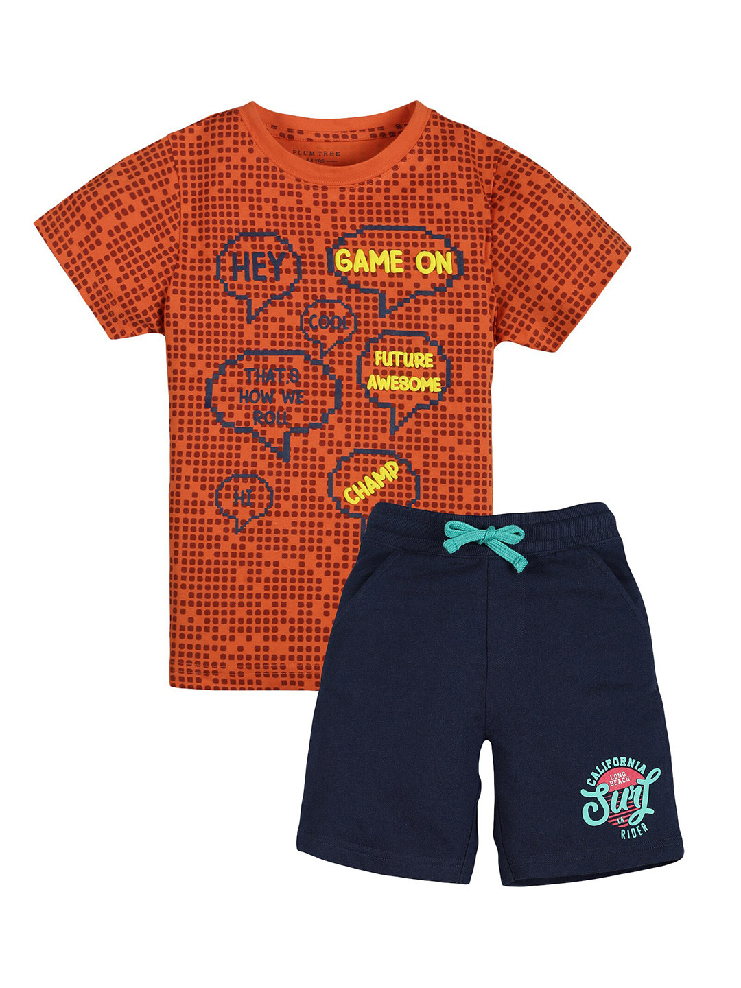 PLUM TREE Boys Navy Blue & Orange Printed Top with Shorts