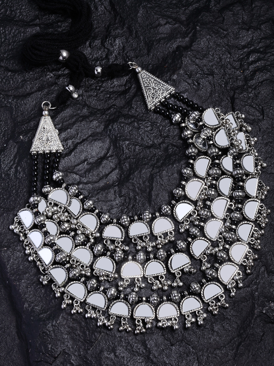 PANASH Silver-Toned & Black German Silver Solitaire Oxidised Necklace
