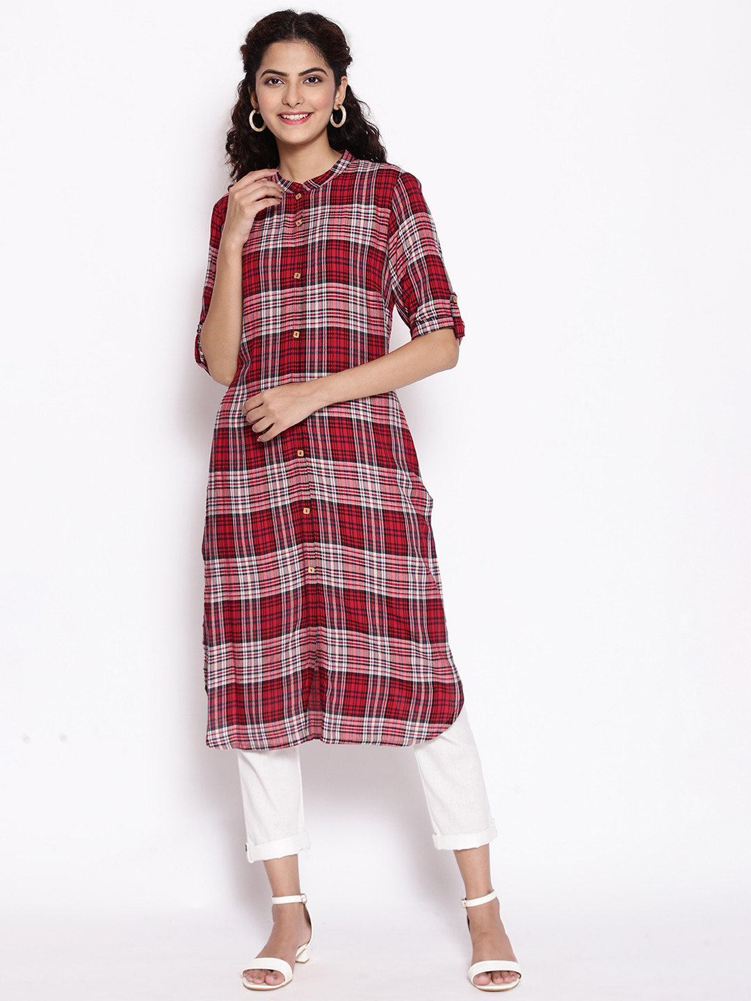 AURELIA Women Red & White Checked Pathani Kurta
