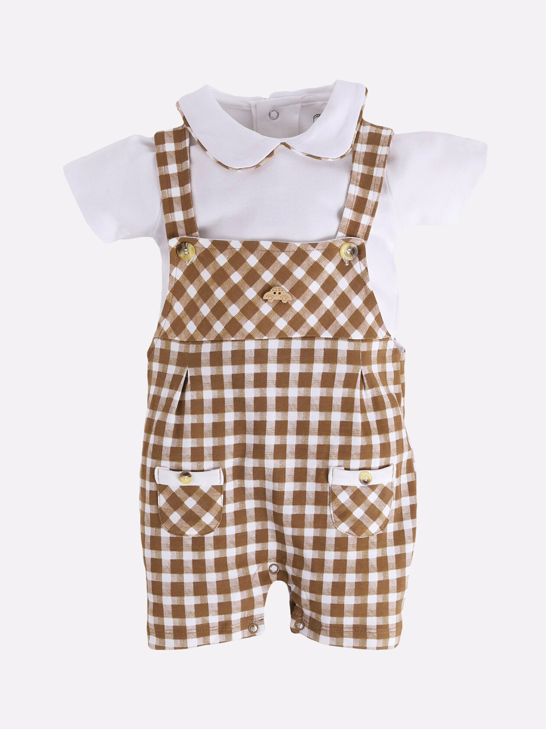 BABY GO Infant Boys White & Brown Pure Cotton Dungaree With T-Shirt