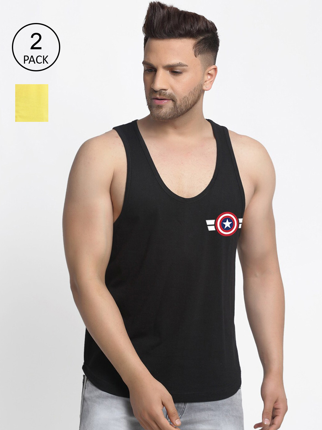 Friskers Men Pack Of 2 Black  Yellow Captain America Printed Pure Cotton T-shirt