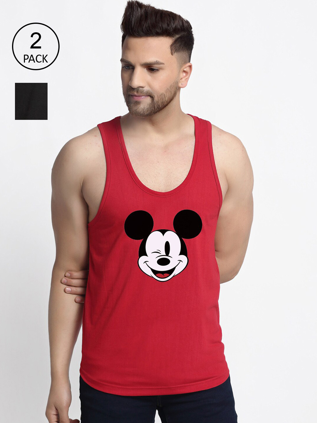 Friskers Men Pack Of 2 Maroon & Black Mickey Mouse Printed Pure Cotton T-shirt