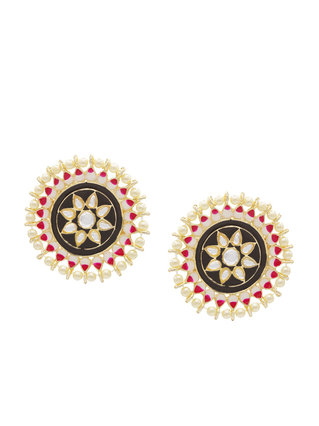 ASMITTA JEWELLERY Black & Red-Toned Gold-Plated Kundan Circular Studs Earrings