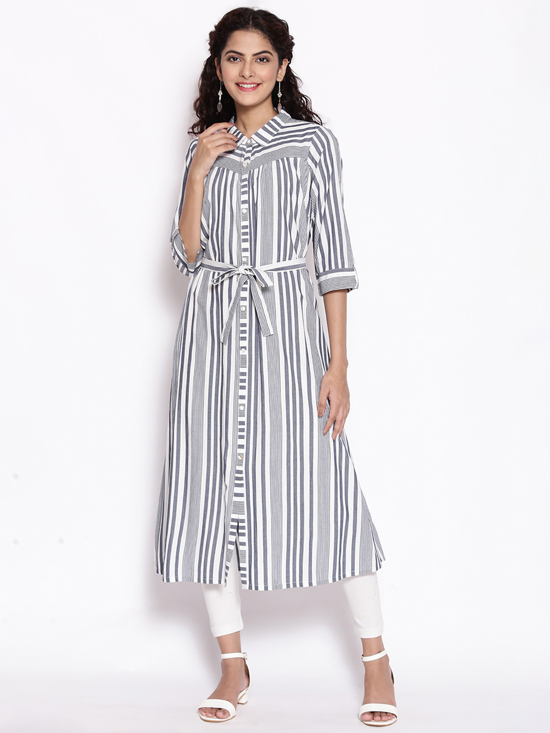 AURELIA Blue & White Striped Shirt Midi Dress With Waist Tie Up