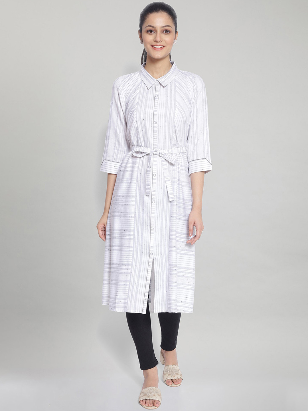 AURELIA White & Grey Striped Shirt Midi Dress With Waist Tie Up