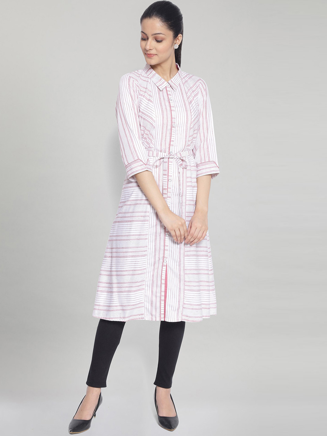 AURELIA White & Pink Striped Shirt Dress With Waist Tie Up