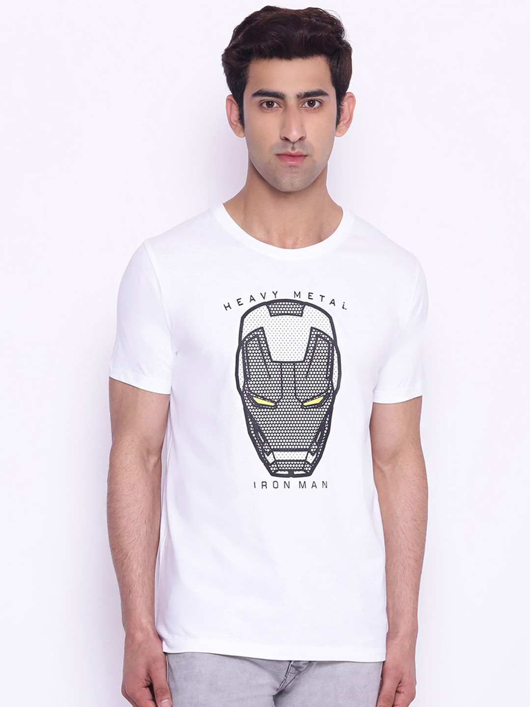 Marvel by Wear Your Mind Men White  Black Iron Man Printed  Pure Cotton T-shirt
