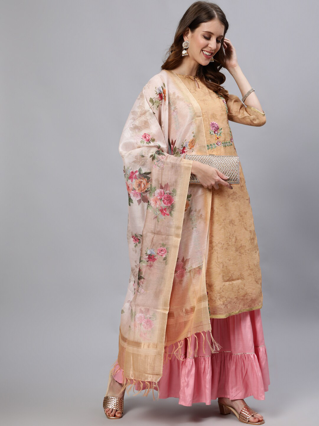 Jaipur Kurti Women Beige Floral Embroidered Regular Chanderi Silk Kurta with Sharara & With Dupatta