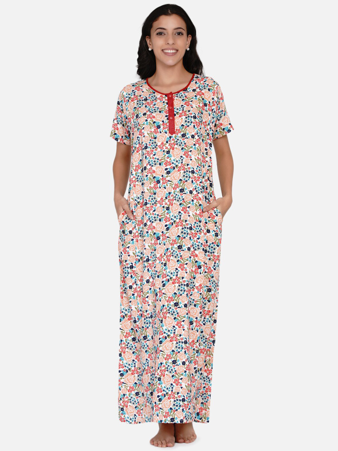The Kaftan Company Women Peach-Coloured Printed Maxi Nightdress
