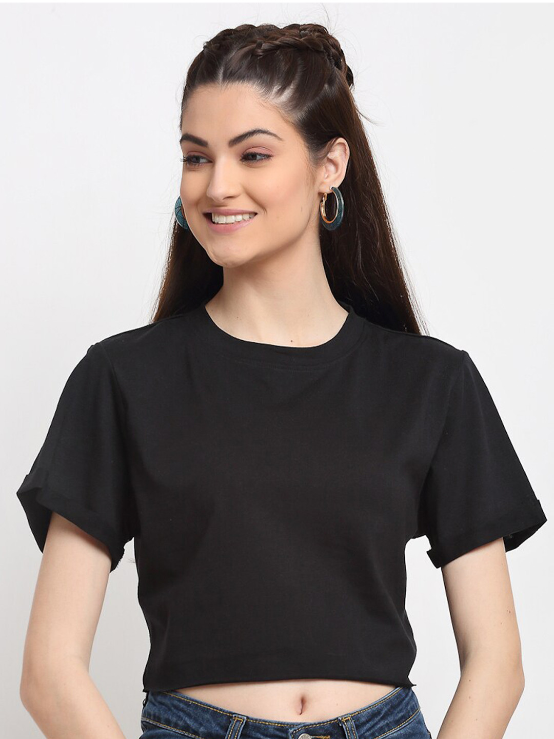 DOOR74 Women Black Solid Crop T-shirt